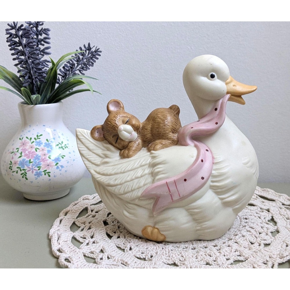 Vintage Duck & Sleeping Teddy Bear Coin Bank Pink Scarf Nursery Decor